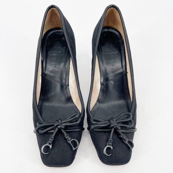 Dior Black Monogram Canvas CD Charm Bow Square Toe Mid Heel Pumps EU 37.5 - Picture 2 of 12